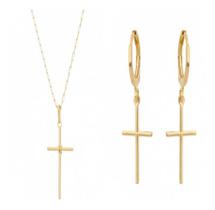 Conjunto Corrente Masculina 70cm com Crucifixo e Brinco Argola Cruz Tudo Folheado a Ouro 18K