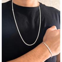 Conjunto Corrente Prata 925 Masculina Italiana + Pulseira 3mm Conjunto Corrente Prata 925 Masculina Italiana + Pulseira 3mm