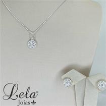 Conjunto corrente veneziana e brinco prata 925 circulo cravejado