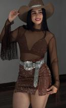 Conjunto Country Body Franjas, Top Strass e Saia Brilho