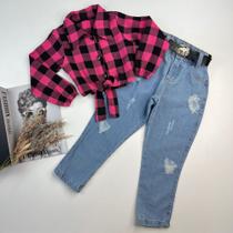Conjunto Country Infantil Camisa Xadrez Calça Jeans Feminina Novidade