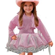 Conjunto Country Infantil Rosa Jaqueta Com Franja e Vestido de Luxo Fantasia Boiadeira Country