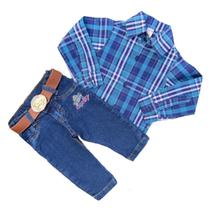 Conjunto Country Menino Camisa Xadrez Calça Jeans Cinto 3Pç