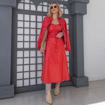 Conjunto Couro Poliuretano Saia Midi Vermelho