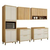 Conjunto Cozinha Completo Modulado com Armário Paneleiro 4 Portas com Nicho 2 Armários Aéreo e 2 Balcões Bege/Cinamomo/Off White