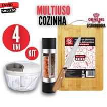 Conjunto Cozinha Faca Cabo de Madeira Moedor Sal & Pimenta Tábua MDF e Processador de Alimento