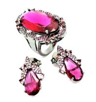 Conjunto Cristais Rubelita E Microzirconias Pink Em Banho De Ródio Negro 4242 4243 Conjunto Cristais Rubelita E Microzirconias Pink Em Banho De Ródio Negro 4242 4243