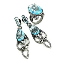 Conjunto Cristais Topazio Azul Cravejado Zirconias Em Ródio Negro 784 785