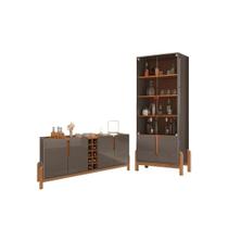 Conjunto Cristaleira 2 Portas e Buffet Adega 10 Garrafas Pés Madeira Cinza Pérola e Cedro Lizz 1,90m