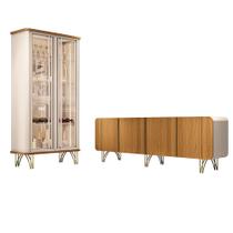 Conjunto Cristaleira Buffet com LED Portas de Vidro Pés Aço Maciço Cor Dourado Évora/Saluti Off White/Cinamomo G26 - HB Móveis Conjunto Cristaleira Buffet com LED Portas de Vidro Pés Aço Maciço Cor Dourado Évora/Saluti Off White/Cinamomo G26 - HB Móveis