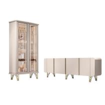 Conjunto Cristaleira Buffet com LED Portas de Vidro Pés Aço Maciço Cor Dourado Évora/Saluti Off White G26 - HB Móveis
