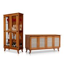 Conjunto Cristaleira com Buffet 4 Portas em Madeira Maciça Acabamento Premium Castanho