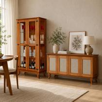 Conjunto Cristaleira de Madeira Antiga com Buffet 4 Portas em Madeira Premium Maciça Castanho