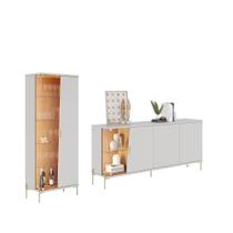 Conjunto Cristaleira e Buffet Sena com Pés Metálicos e Canto de Vidro com Led Off White/Freijó