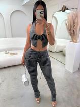 Conjunto Crochê Azul Listrado Feminino - Top Halter e Calça Skinny Conjunto Crochê Azul Listrado Feminino - Top Halter e Calça Skinny