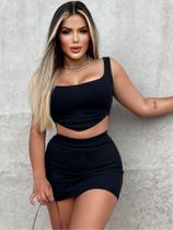 Conjunto Cropped Alça Grossa E Saia Curta De Cintura Alta