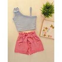 Conjunto Cropped Alçinha e Short Infantil de Linho Menina Moda Verão Bloguerinha