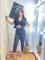 Conjunto cropped, calça e colete preto