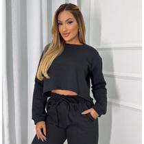 Conjunto Cropped Com Calça Pantalona Moletom Flanelado Com Bolso