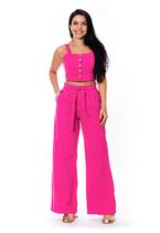 Conjunto Cropped com Lastex e Calça Pantalona Sem Elastano