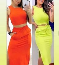 Conjunto cropped curto laranja e verde curto saia curta linho laranja e verde feminino adulto