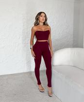 Conjunto Cropped e Calça sem alça Top Faixa Com bolso Canelado Moda Blogueira