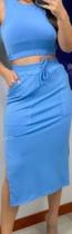 Conjunto cropped e saia azul claro