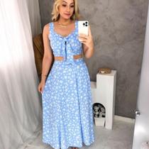 Conjunto Cropped E Saia Viscolinho Feminino Liso E Estampado