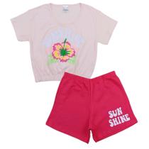 Conjunto Cropped Flor Rosa com Short Pink Moletinho Menina