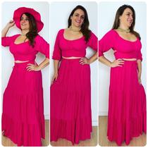 Conjunto Cropped Frente Única com Bojo e Saia Longa 3 Marias em Viscose Larissa