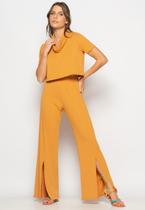 Conjunto Cropped Golão E Calça Fenda Frontal Malha Caramelo Salvatore
