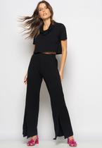 Conjunto Cropped Golão E Calça Fenda Frontal Malha Preto Salvatore