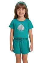 Conjunto Cropped Infantil Menina Blusa Estampa Concha Brilhante e Shorts Casual Verão