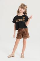 Conjunto Cropped Infantil Verão Feminino Love Onçinha - Preto