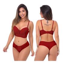 Conjunto Cropped Lingerie Renda e Microfibra Poliamida Luxo Com Bojo Paty