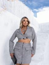 Conjunto cropped manga longa e saia de tweed cod2057