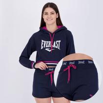 Conjunto Cropped Manga Longa Everlast e Shorts Moletom Everlast Feminino Marinho