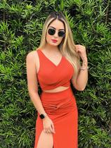 Conjunto Cropped Saia Longa Fenda Moda Feminina Lindo