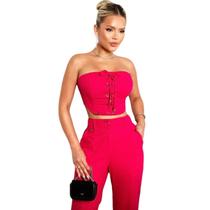 Conjunto cropped tiras cruzada e calça flare fenda