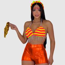 Conjunto Cropped Top Feminino E Tiara Pompom Carnaval 2025