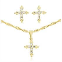 Conjunto Cruz Microzircônia Cravejada Ouro 18k Luxuoso
