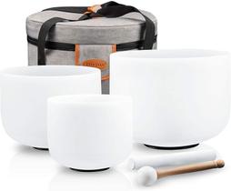 Conjunto Crystal Singing Bowl Ryan Dvan, 3 peças com estojo e adesivo Conjunto Crystal Singing Bowl Ryan Dvan, 3 peças com estojo e adesivo