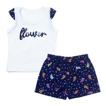Conjunto curto 2 peças branco estampa flower para bebê