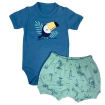 Conjunto curto bebê body curto azul bordado tucano e cobre fralda verde estampado coqueiros