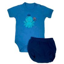 Conjunto curto bebê body curto bebê azul bordado polvo e cobre fralda marinho bordado barquinho