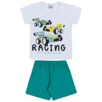 Conjunto curto bebê camiseta branca estampada carro e shorts em moletinho verde liso