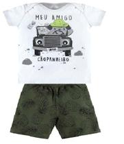 Conjunto Curto bebê camiseta branco estampada e shorts moletom verde estampado