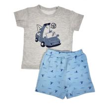 Conjunto curto camiseta mescla tubarão e shorts azul estampado