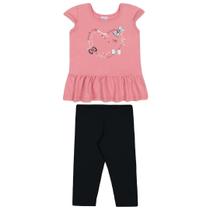 Conjunto curto camiseta regata rosa estampado coração e legging preto liso