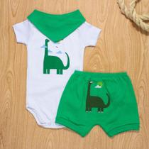 Conjunto curto de bebê com bandana bordado dino verde